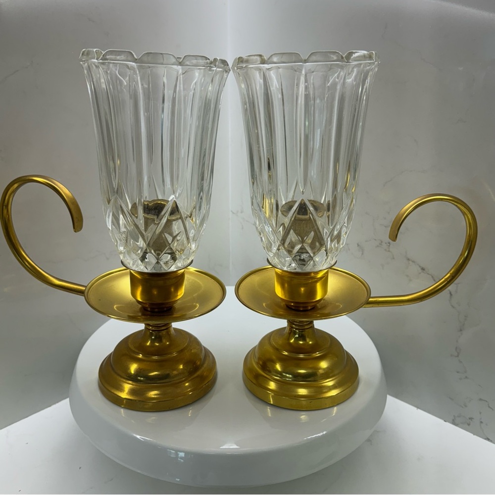 Set of Two Vintage Copper Craft Guild candle holders with glass hurricane shades